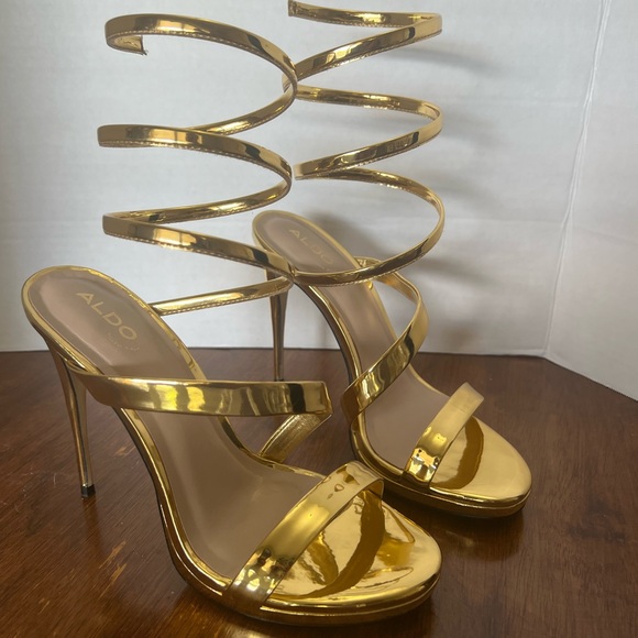 ALDO Katswirl Gold Metallic Spiral Strappy Stiletto Heels Sandals Women’s 8 38.5 - Picture 3 of 12